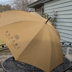 Vintage Ralph Lauren Safari Tan Umbrella Wooden Handle Sturdy 45" Diameter